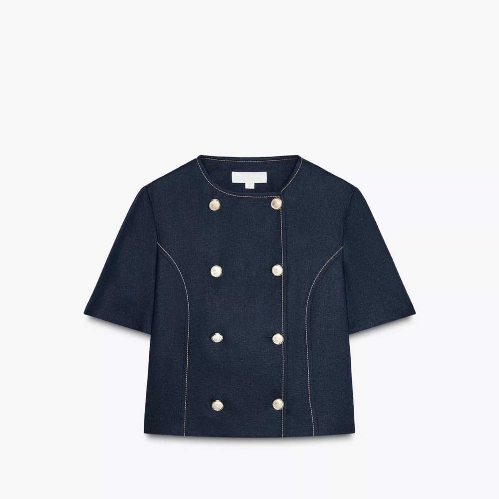Zara Short Sleeve Linen Double-Breasted Blazer